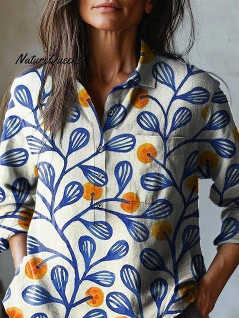 Spring Orange Tree Pattern Printed Women's Casual Cotton And Linen Shirt