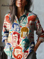 Quirky Cartoon Portrait Pattern Printed Women's Casual Cotton And Linen Shirt
