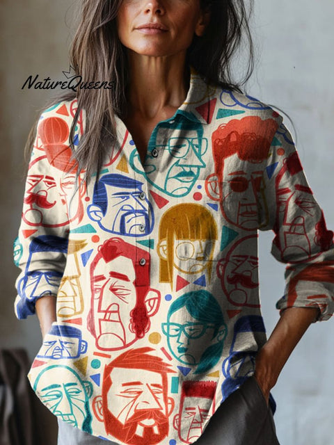 Quirky Cartoon Portrait Pattern Printed Women's Casual Cotton And Linen Shirt