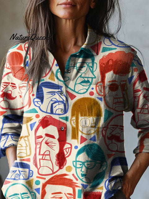 Quirky Cartoon Portrait Pattern Printed Women's Casual Cotton And Linen Shirt