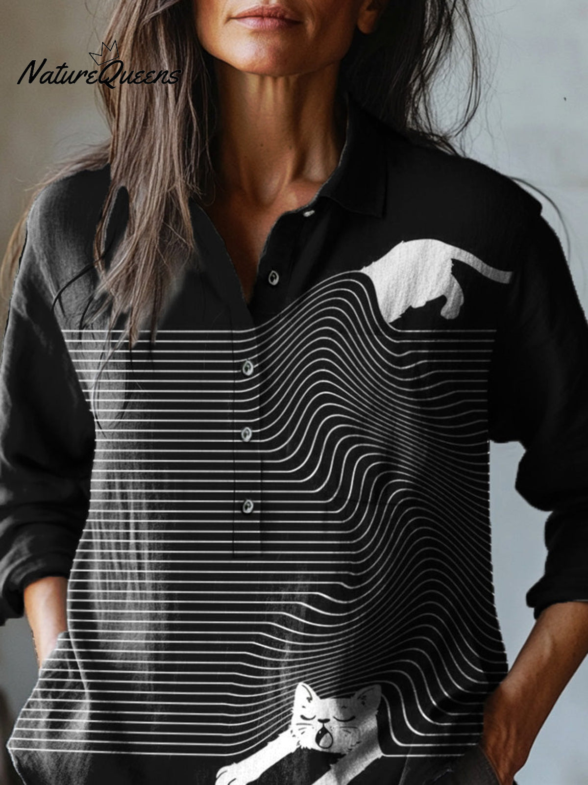 Funny Visual Discrepancy Cat Art Printed Women's Casual Cotton And Linen Shirt