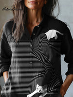 Funny Visual Discrepancy Cat Art Printed Women's Casual Cotton And Linen Shirt