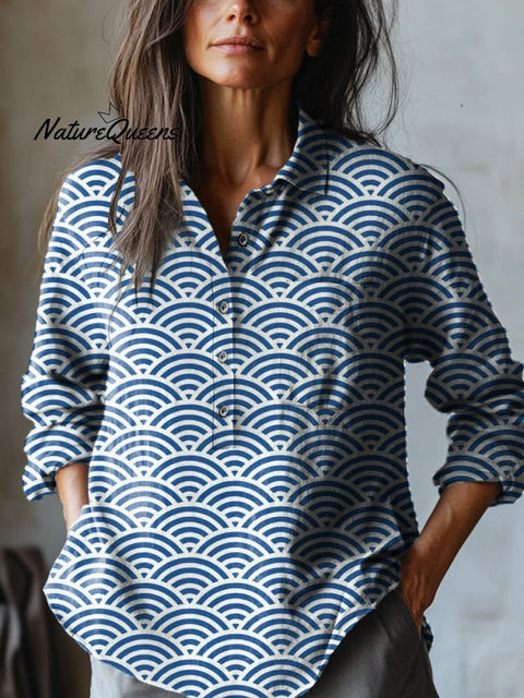 Traditional Japanese Geometric Pattern Printed Women's Casual Cotton And Linen Shirt