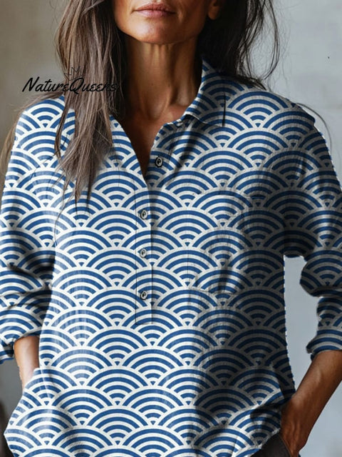 Traditional Japanese Geometric Pattern Printed Women's Casual Cotton And Linen Shirt