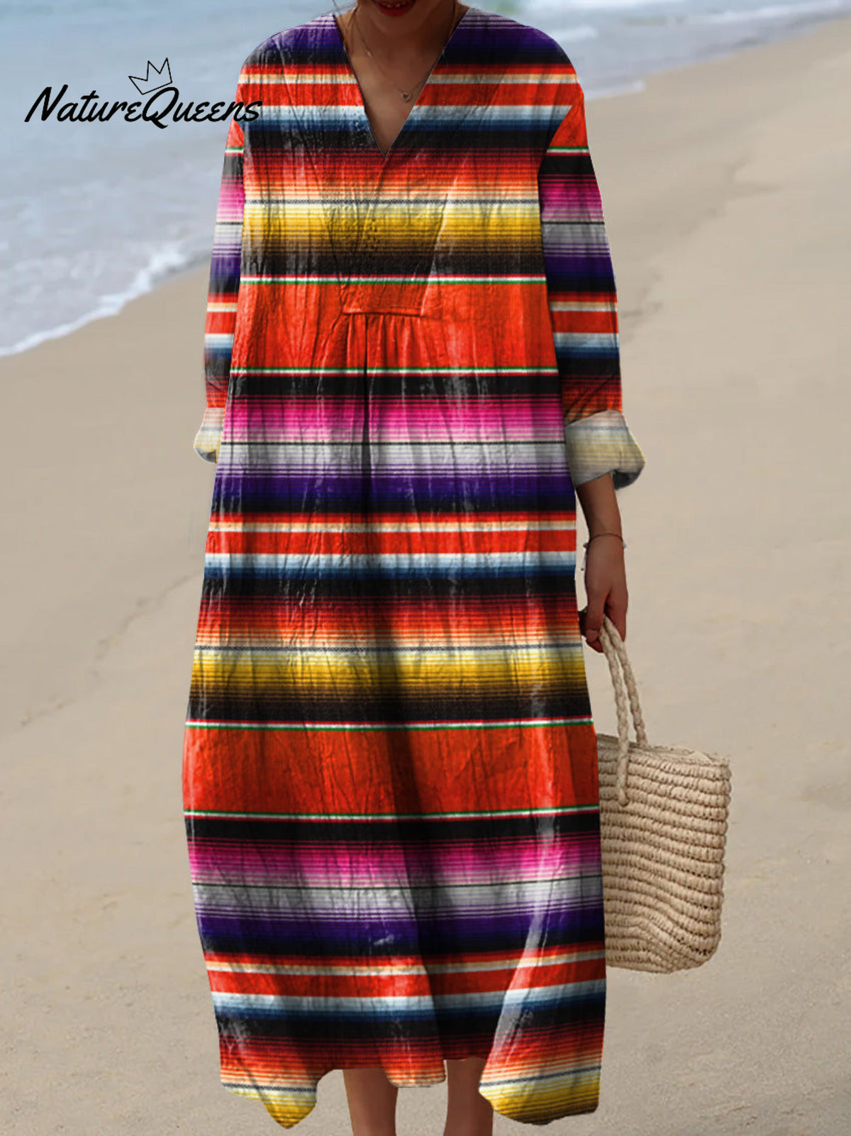 Retro Hippie Strip Pattern Printed Women's Dress