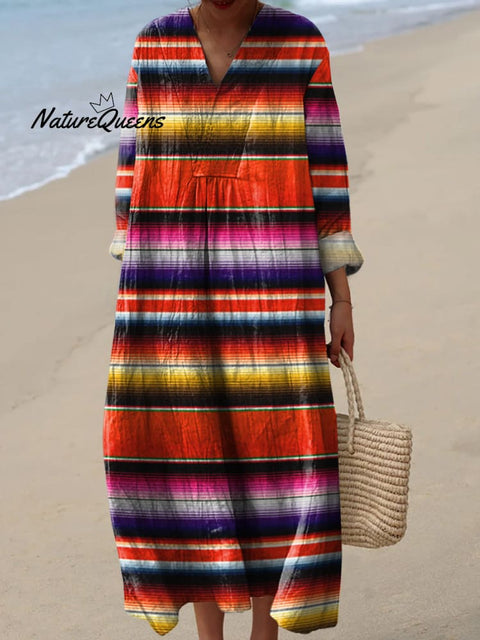 Retro Hippie Strip Pattern Printed Women's Dress