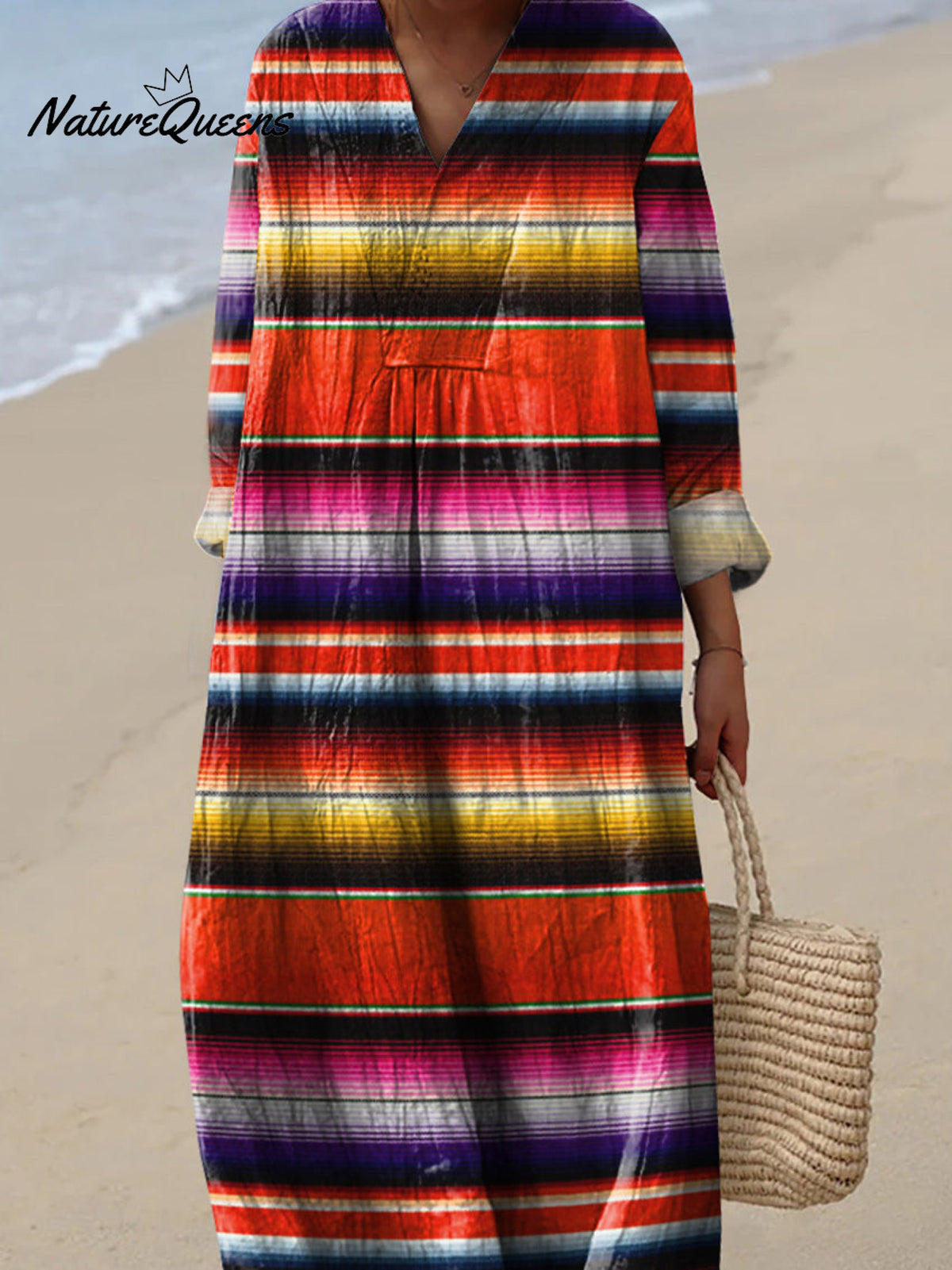 Retro Hippie Strip Pattern Printed Women's Dress