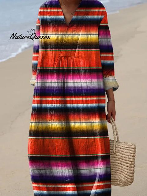 Retro Hippie Strip Pattern Printed Women's Dress