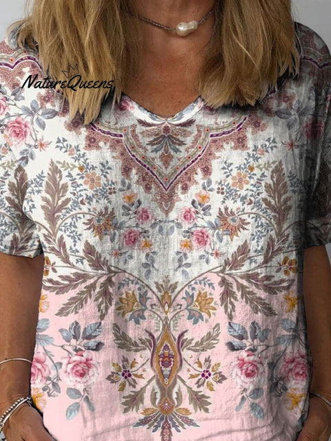 Ethnic Style Symmetrical Botanic Pattern Printed Women's Casual Cotton And Linen Shirt