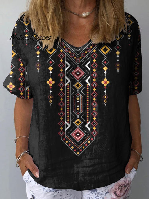 Ethnic Style Geometric Pattern Printed Women's Casual Cotton And Linen Shirt