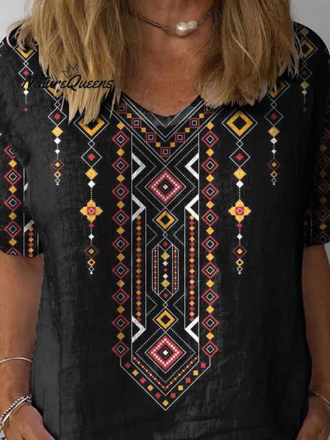 Ethnic Style Geometric Pattern Printed Women's Casual Cotton And Linen Shirt