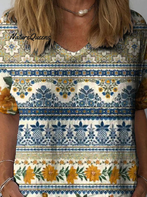 Boho Spring Floral Pattern Printed Women's Casual Cotton And Linen Shirt