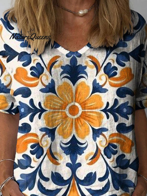 Ethnic Style Spring Floral Pattern Printed Women's Casual Cotton And Linen Shirt