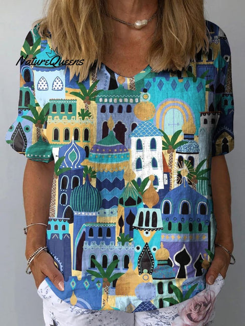 Middle East Architecture Pattern Printed Women's Casual Cotton And Linen Shirt