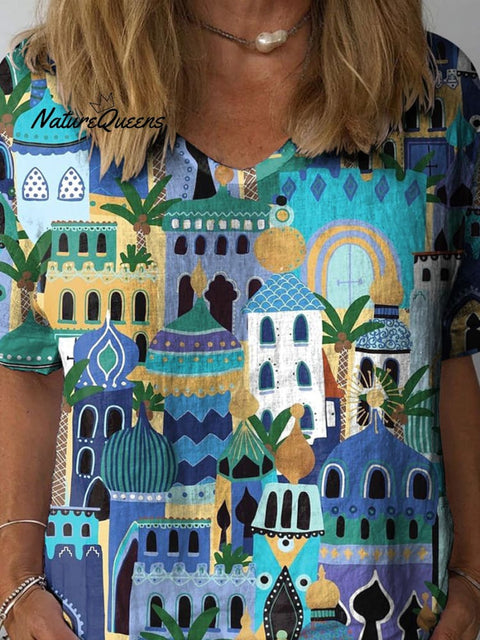 Middle East Architecture Pattern Printed Women's Casual Cotton And Linen Shirt