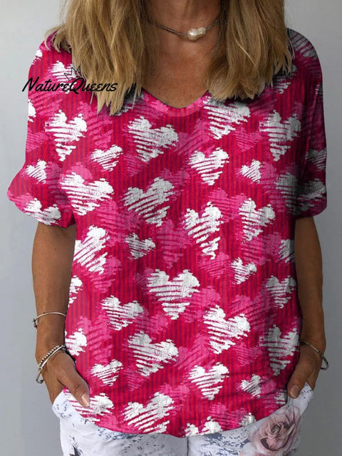 Pink And White Valentine's Day Heart Pattern Printed Women's Casual Cotton And Linen Shirt