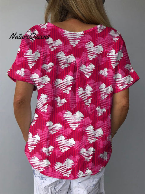 Pink And White Valentine's Day Heart Pattern Printed Women's Casual Cotton And Linen Shirt