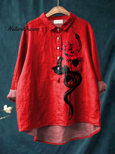 Snake And Rose Art Printed Women's Casual Cotton And Linen Shirt