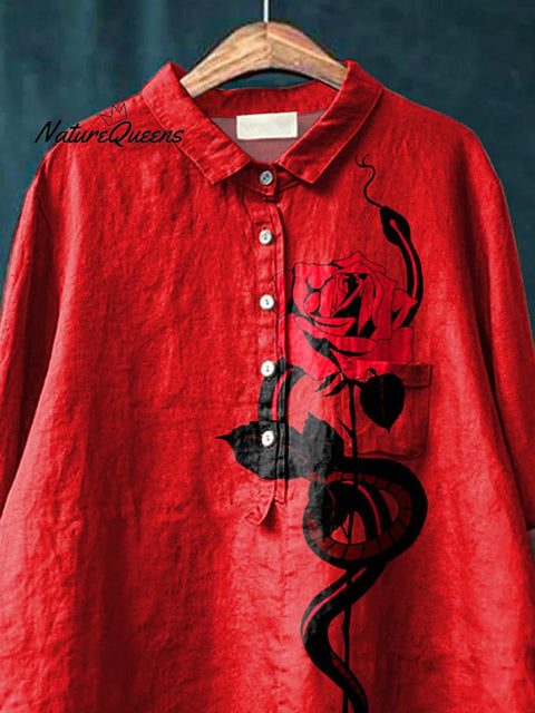 Snake And Rose Art Printed Women's Casual Cotton And Linen Shirt