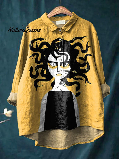 Cartoon Medusa Art Printed Women's Casual Cotton And Linen Shirt