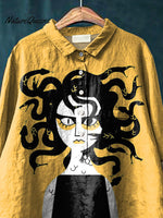 Cartoon Medusa Art Printed Women's Casual Cotton And Linen Shirt