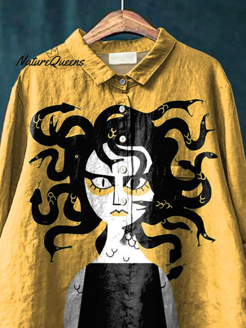 Cartoon Medusa Art Printed Women's Casual Cotton And Linen Shirt