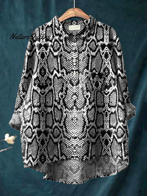 Snake Skin Pattern Printed Women's Casual Cotton And Linen Shirt