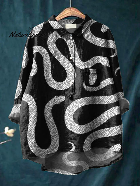 Hunting Night Snake Pattern Printed Women's Casual Cotton And Linen Shirt