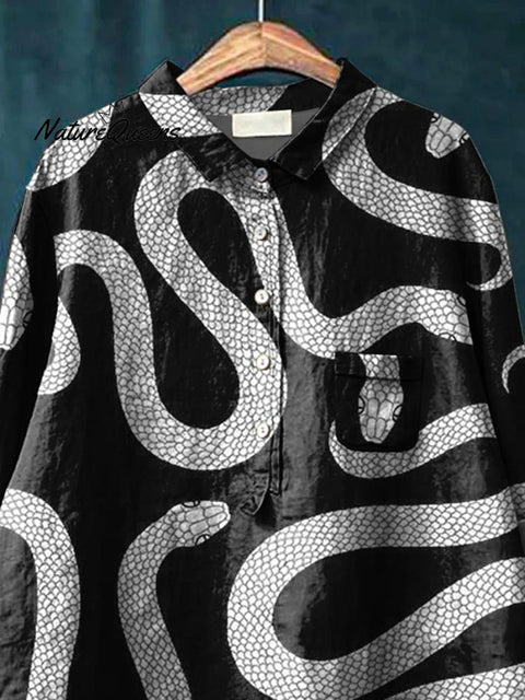 Hunting Night Snake Pattern Printed Women's Casual Cotton And Linen Shirt