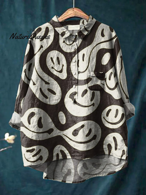 Psychedelic Smiley Face Pattern Printed Women's Casual Cotton And Linen Shirt