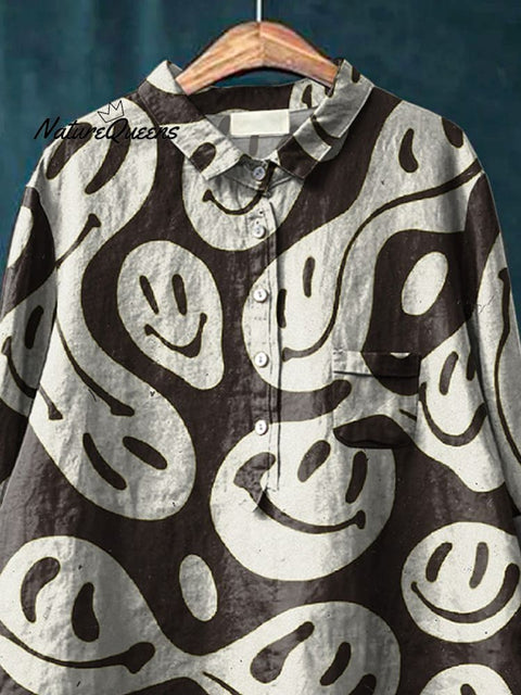 Psychedelic Smiley Face Pattern Printed Women's Casual Cotton And Linen Shirt