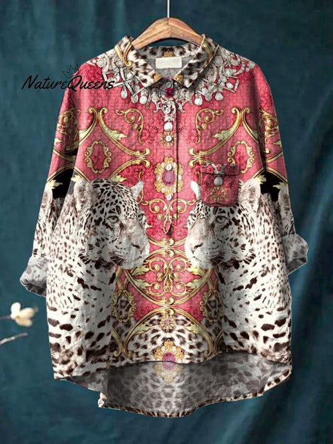 Maximalism Leopard Pattern Printed Women's Casual Cotton And Linen Shirt