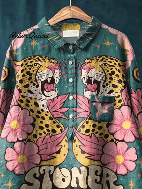 Retro Leopard Symmetrical Art Printed Women's Casual Cotton And Linen Shirt