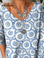 Watercolor Geometric Pattern Printed V-Neck Pullover Knit Top