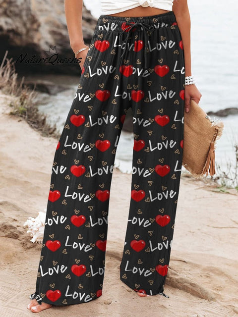 Valentine's Day Heart And Letter Pattern Printed Women's Cotton And Linen Casual Pants