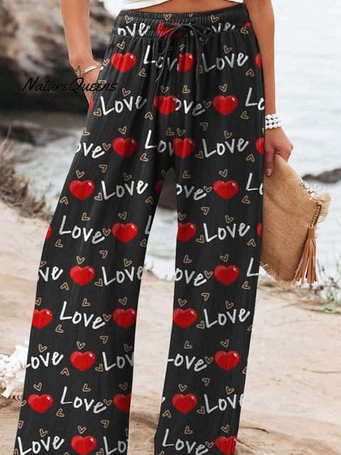 Valentine's Day Heart And Letter Pattern Printed Women's Cotton And Linen Casual Pants