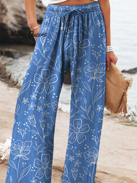 Line Drawing Spring Floral Pattern Printed Women's Cotton And Linen Casual Pants