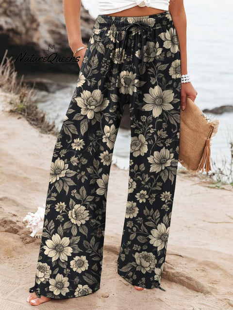 Retro Black And White Floral Pattern Printed Women's Cotton And Linen Casual Pants