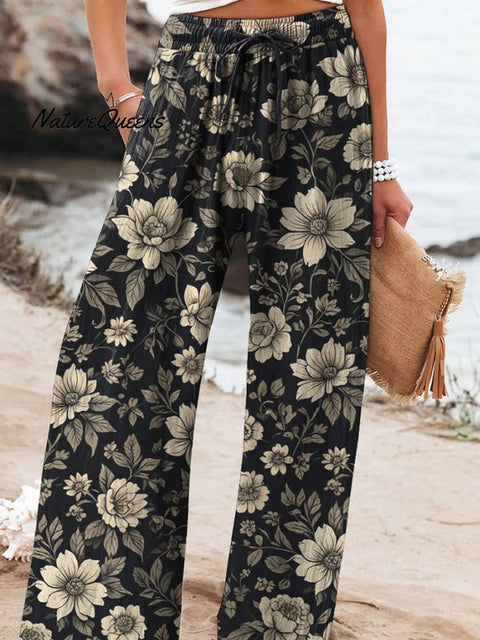 Retro Black And White Floral Pattern Printed Women's Cotton And Linen Casual Pants