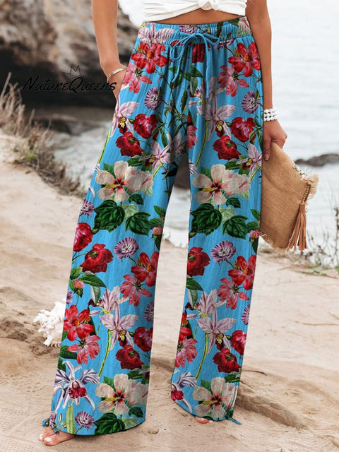 Summer Tropical Floral Pattern Printed Women's Cotton And Linen Casual Pants