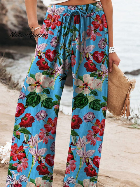 Summer Tropical Floral Pattern Printed Women's Cotton And Linen Casual Pants