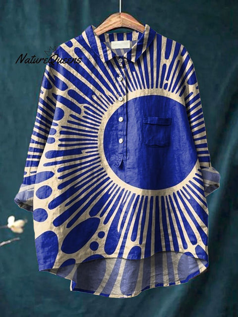 Modern Geometric Art Printed Women's Casual Cotton And Linen Shirt