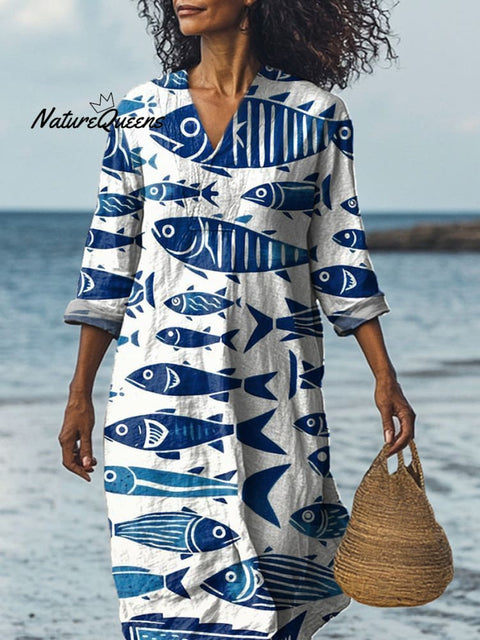 Watercolor Sea Fish Pattern Printed Women's Dress