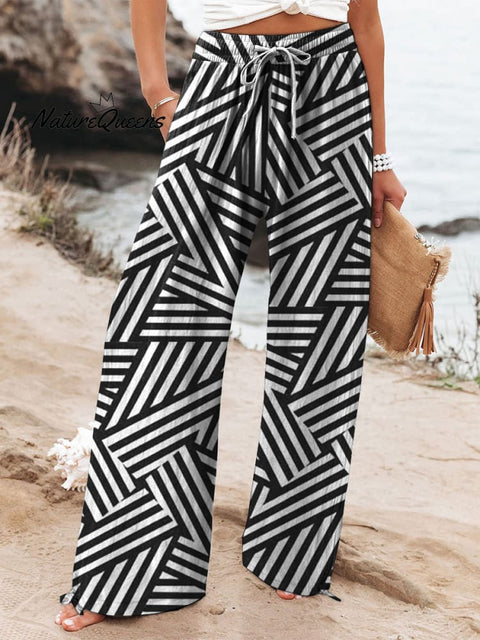 Modern Geometric Pattern Printed Women's Cotton And Linen Casual Pants