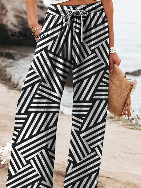 Modern Geometric Pattern Printed Women's Cotton And Linen Casual Pants