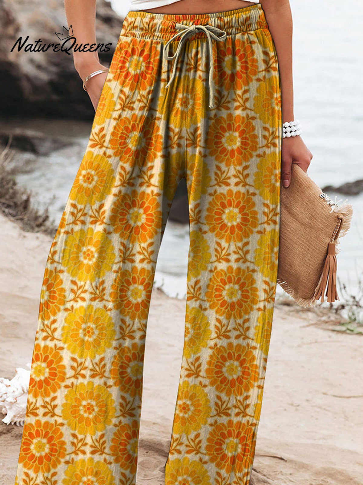 Summer Gerbera Floral Pattern Printed Women's Cotton And Linen Casual Pants