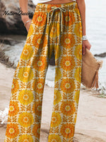 Summer Gerbera Floral Pattern Printed Women's Cotton And Linen Casual Pants