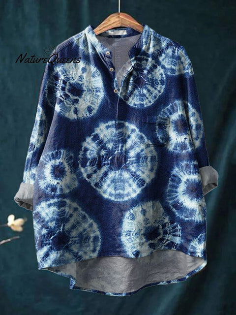 Shibori Tie Dye Pattern Printed Women's Casual Long Sleeve Comfortable Cotton Shirt