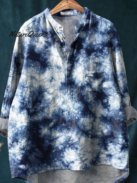 Shibori Indigo Tie Dye Pattern Printed Women's Casual Long Sleeve Comfortable Cotton Shirt