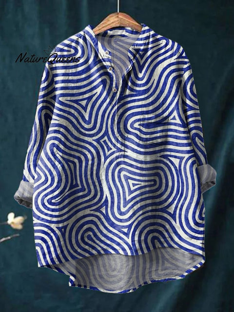 Abstract Swirl Pattern Printed Women's Casual Long Sleeve Comfortable Cotton Shirt
